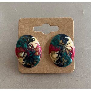 Vintage Retro Clip-On Silvertone Enamel Earrings